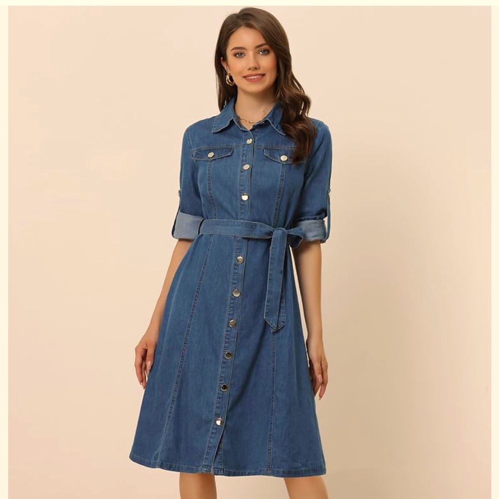 Allegra K Denim Dress for Women's Long Sleeve Button Down Belted Jean Dresses S